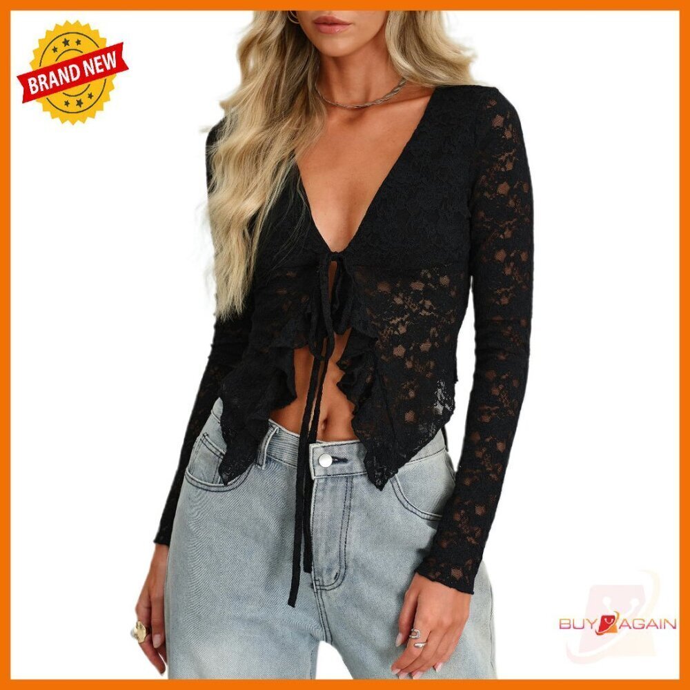 Long Sleeve Mesh Crop Top with Ruffle Trim and Front Tie
